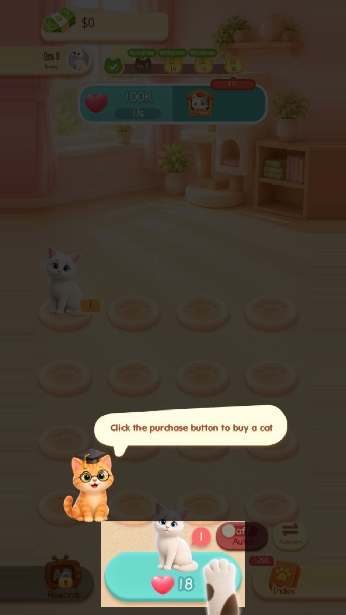 Buy a new cat on the cozy merge board