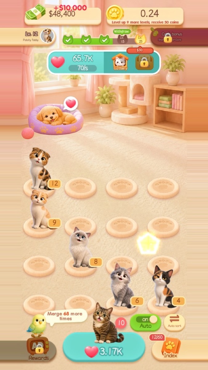 Board filling with leveled-up cats