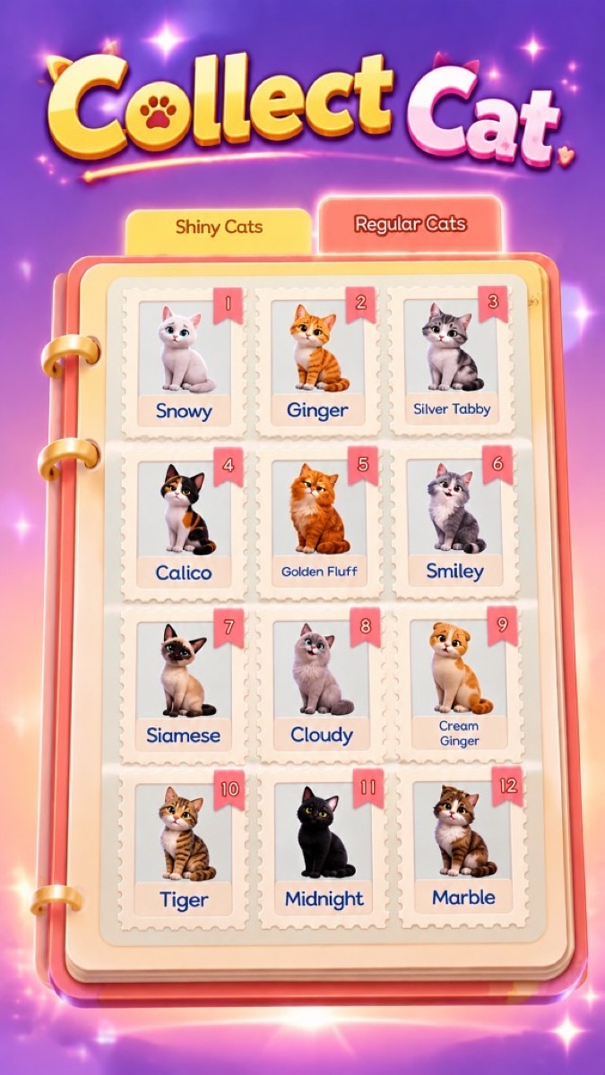 Collect Cat scrapbook with shiny and regular cats